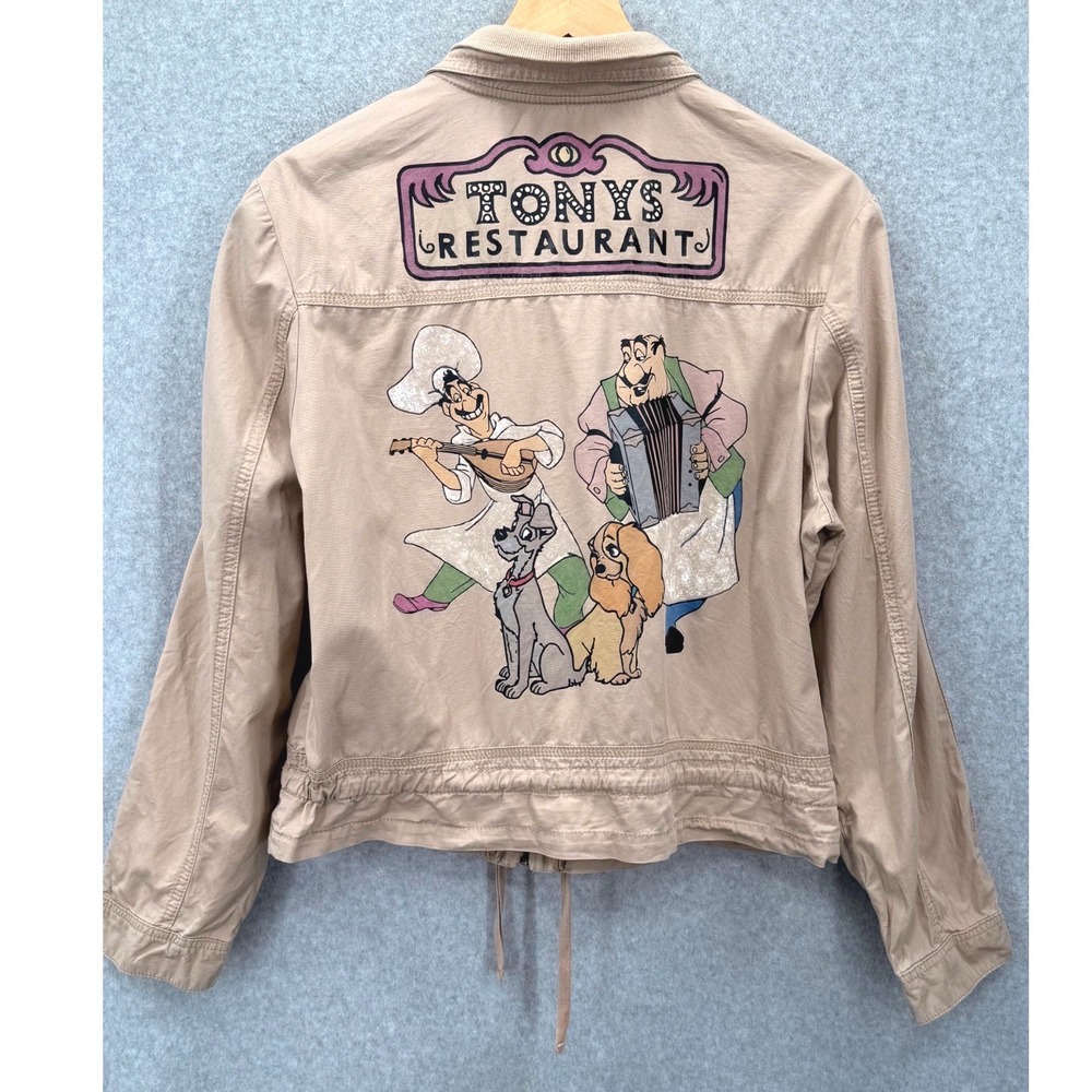Disney Lady and the Tramp Tonys Restaurant Jacket Womens L Tan Cotton Graphic